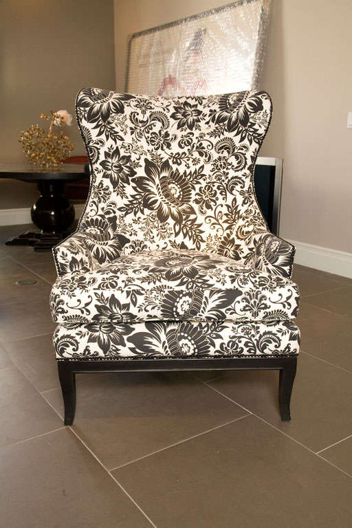 Handsome Comfortable Wingback Chair Upholstered in Bold Print 5